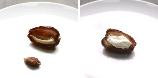 Left: medjool date cut in half and pitted; Right: Halved-pitted-date-filled-with-cheese
