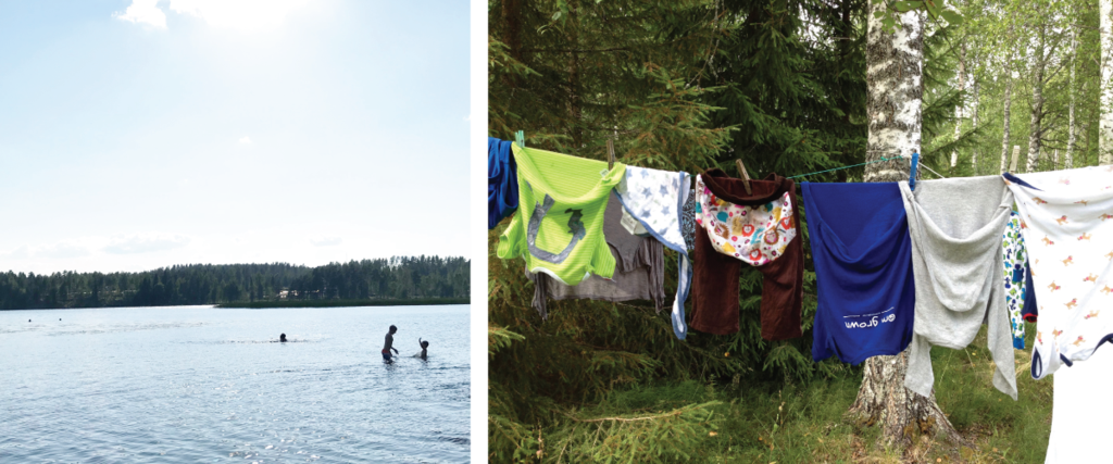 Left: people swimming in a lake in Finland, Right: laundry hung up to dry in the forest