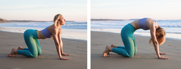 blond woman in blue workout clothes doing yoga on the beach as the sun sets