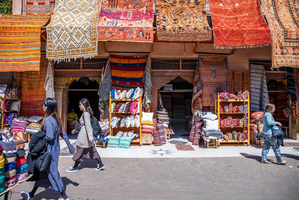 a bright vibrant outdoor market in Marrakesh